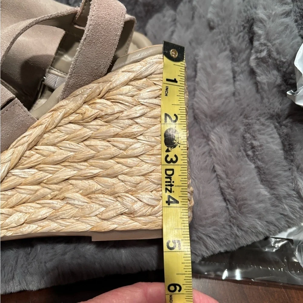 Marc Fisher Suede Taupe Sandals with ankle strap and rafia wedge
